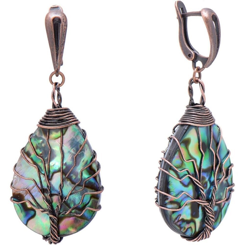 Women's Vintage Bronze Copper Wired Sea Abalone Shell Tree of Life Earrings